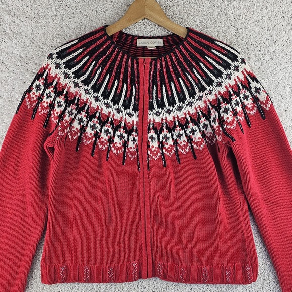 Casual Corner Sweaters - Vtg Casual Corner Nordic Fair Isle Full Zip Cardigan Sz Large Made Australia